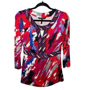 BCBGMAXAZRIA / red white blue pink watercolor long sleeve blouse top / M